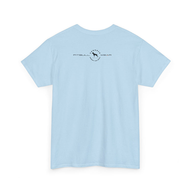 Light blue fitness FITBULL t-shirt with a logo on the back against a white background