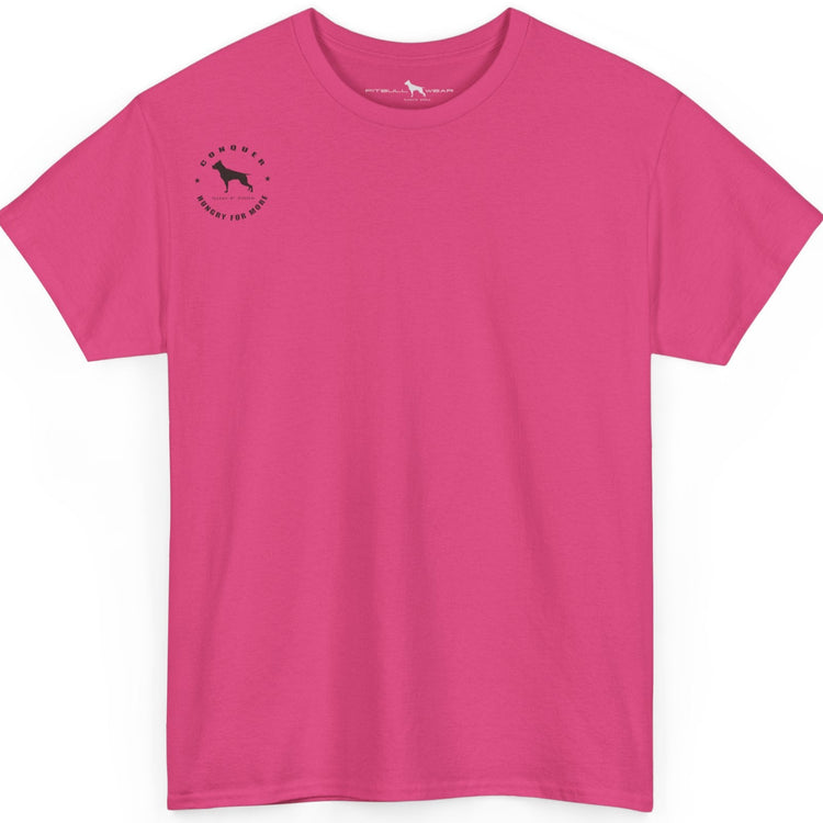 Pink t-shirt with a small logo on the chest against a white background