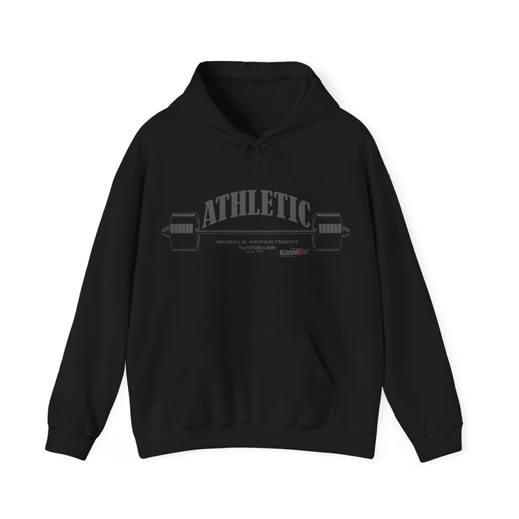 Black Gymsatr Athletic hoodie with a logo on a white background