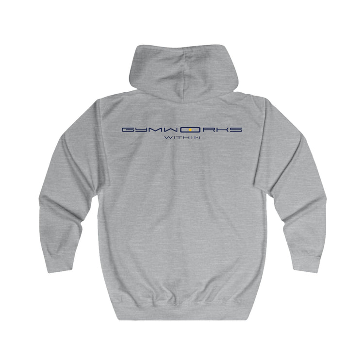 Gymworks Minimal Tech Logo Full-Zip Hoodie — Subtle Circle Emblem & Back Text