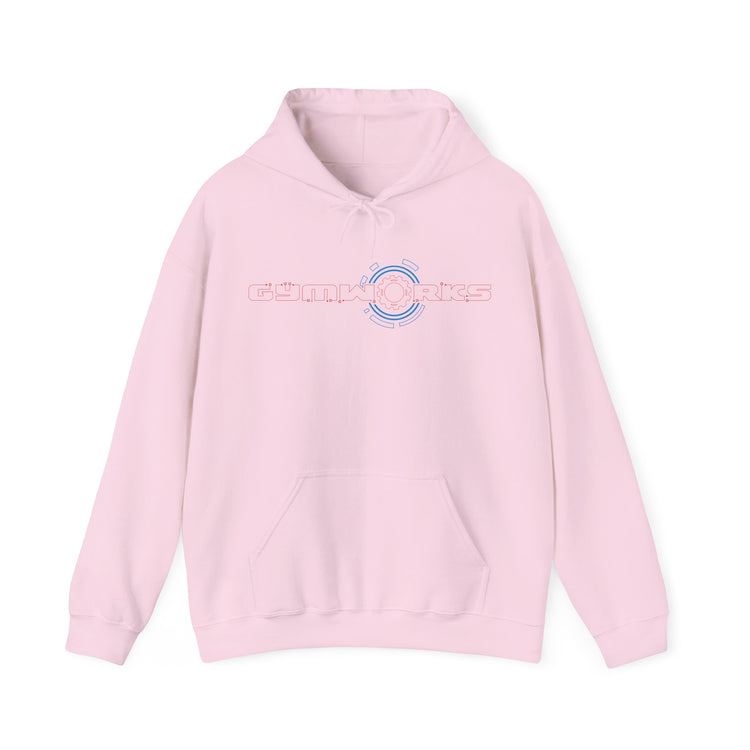 Pink Gymworks hoodie with text 'life is better with jesus & dogs' on a white background