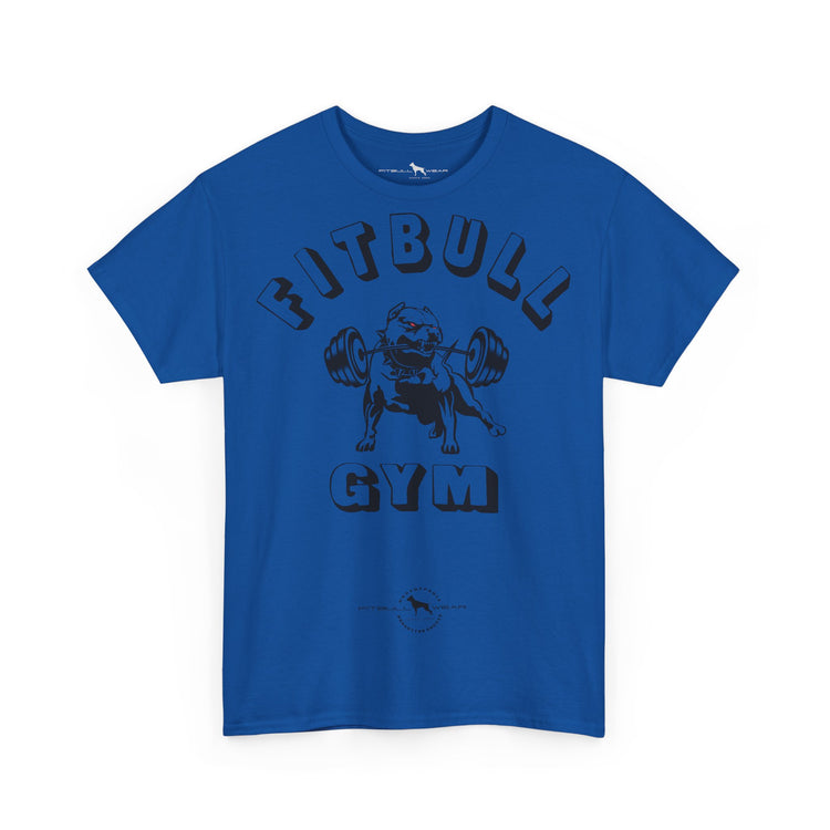 Blue fitness t-shirt with 'Fitbull Gym' graphic on a white background