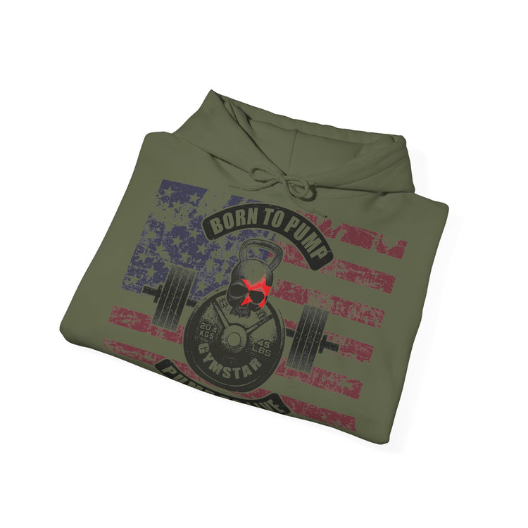 An olive green pullover hoodie with a distressed graphic print featuring a weightlifting skull, barbell, and a stylized American flag with the text 'BORN TO PUMP' and 'GYMSTAR'.