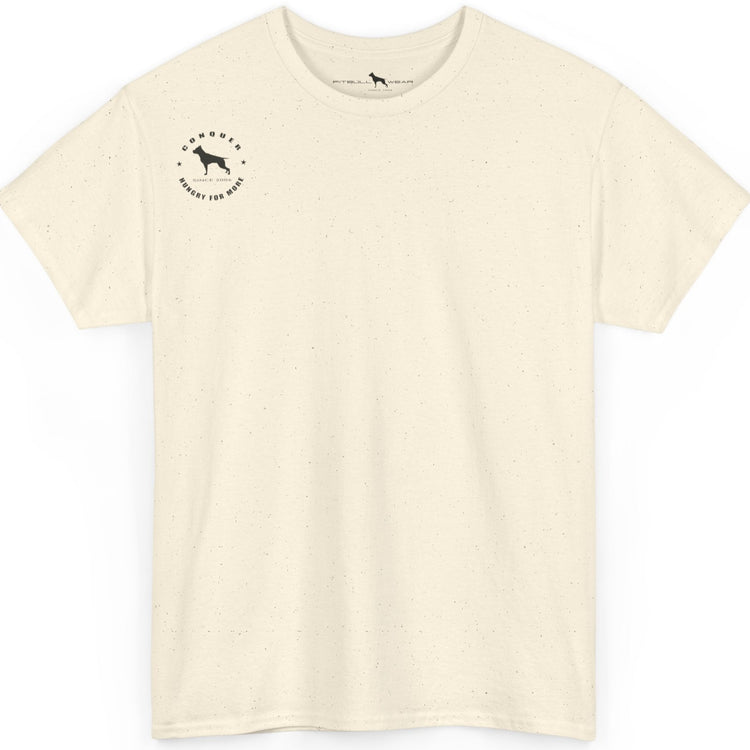 Beige t-shirt with a small logo on the chest against a white background