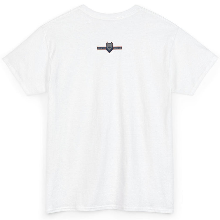 White t-shirt with a small logo on the back against a white background