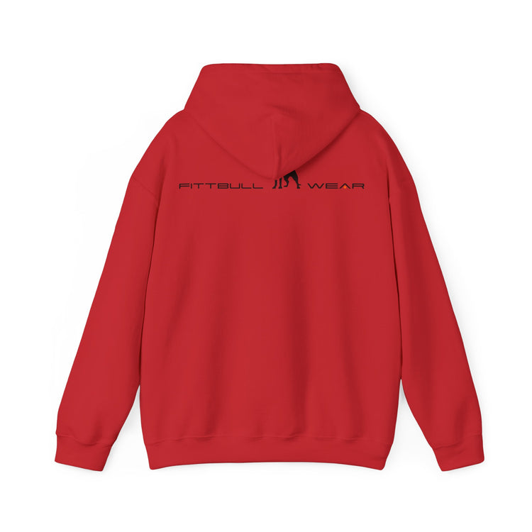 Red back hoodie with 'FITBULL' movational fitness design.