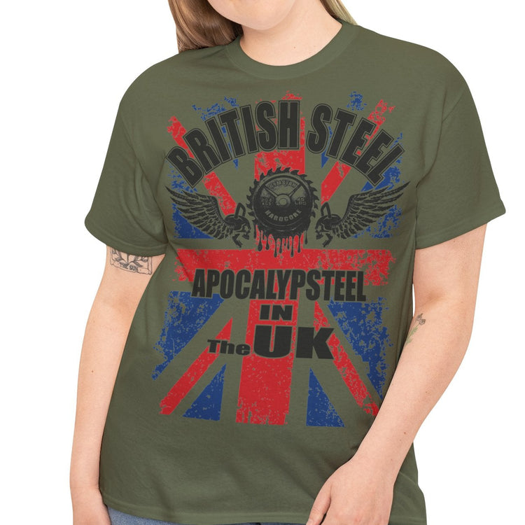 Person wearing a green t-shirt with a graphic design on a white background