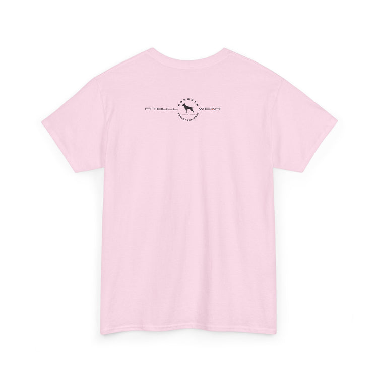 Pink fitness FITBULL  t-shirt with a logo on the back against a white background