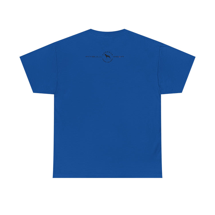 Blue fitness FITBULL t-shirt with a small logo on the back against a white background