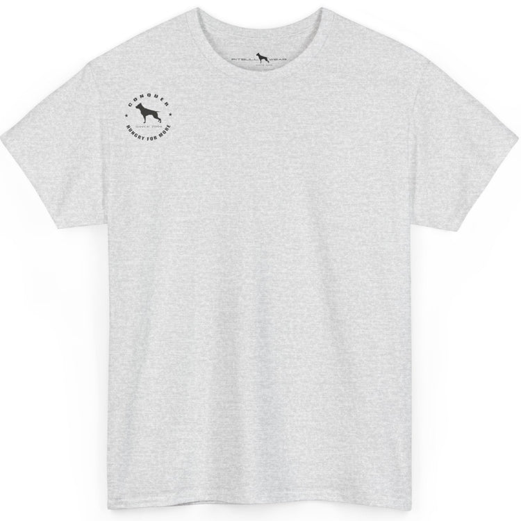 White t-shirt with a small logo on the chest against a white background