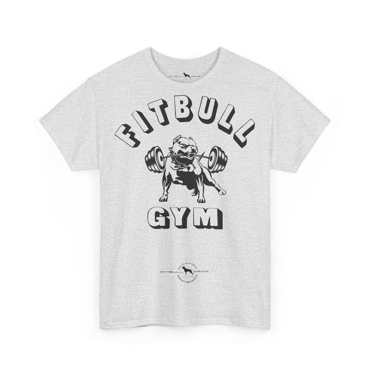 Gray fitness t-shirt with 'Fitbull Gym' graphic design featuring a bulldog lifting weights on a white background.