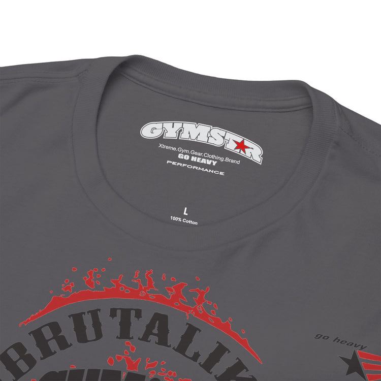 Close-up of a dark gray t-shirt collar showing the inner neck print for 'Gimstar' and the top of a red and black graphic design on the front.