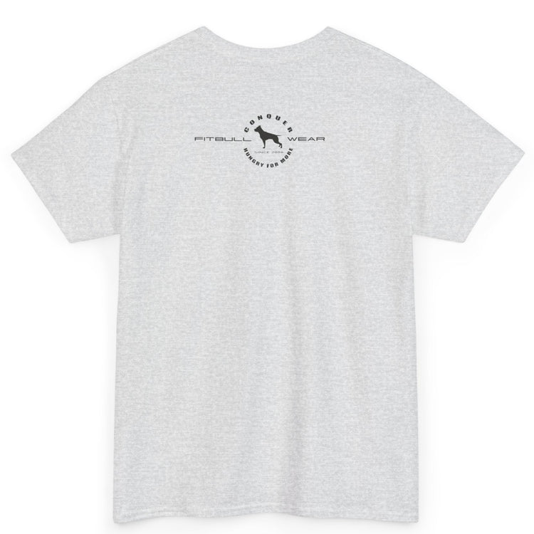 White t-shirt with a logo on the back against a white background