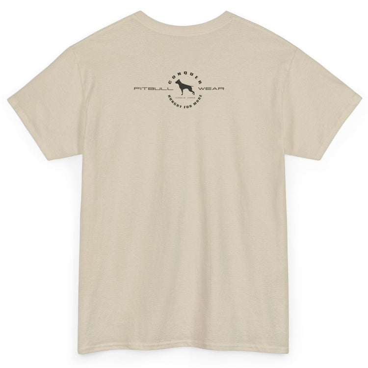 Beige t-shirt with a logo on the back against a white background