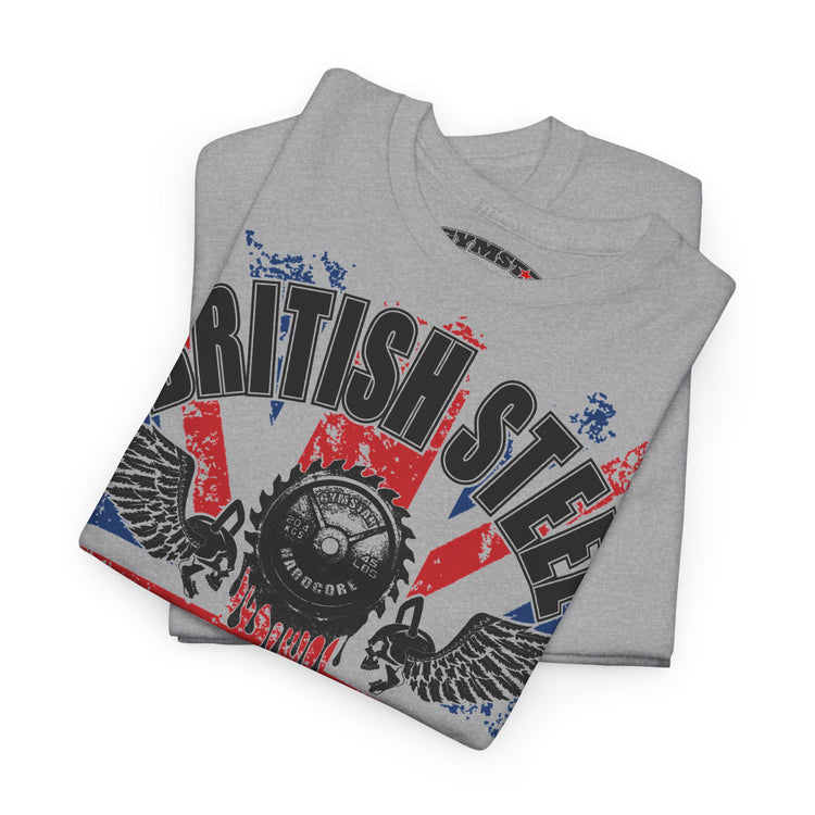 A folded heather gray t-shirt featuring a distressed graphic print with the words 'BRITISH STEEL' in black, a circular saw blade, wings, and a red, white, and blue Union Jack background.