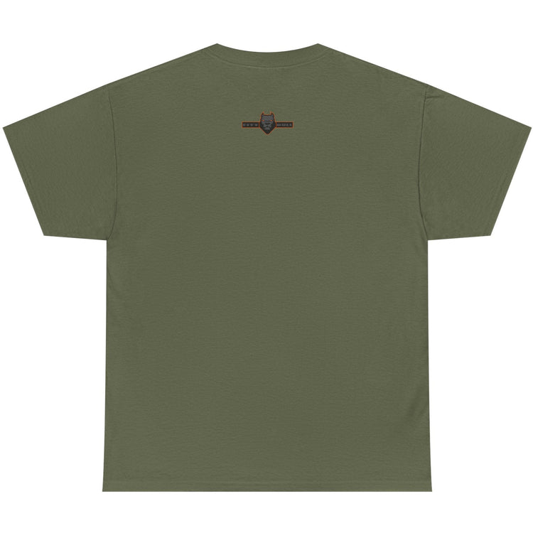 Green t-shirt with a small logo on the back against a white background