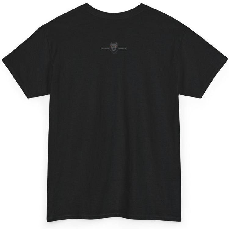 Black t-shirt with a small logo on the back against a white background