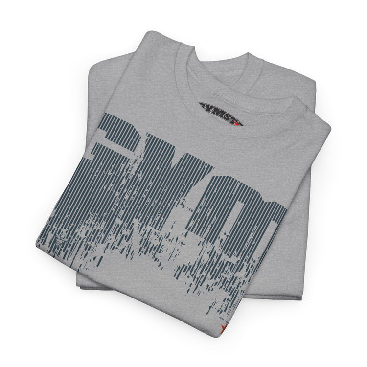 A folded light gray crewneck t-shirt with a distressed dark gray graphic print of the word 'EVOL' on the front, displayed on a clean white background.