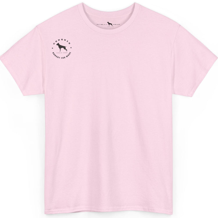 Pink t-shirt with a small logo on a white background
