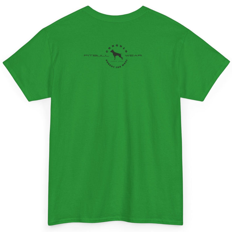 Green t-shirt with a small logo on the back against a white background