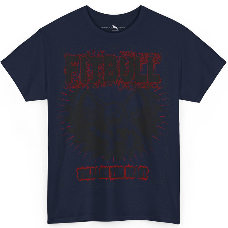 Navy blue t-shirt with red text on a white background