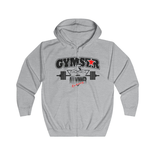 Gray hoodie with 'Gymstar All Winner' graphic on a white background
