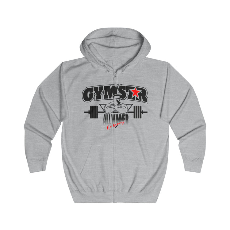 Gray hoodie with 'Gymstar All Winner' graphic on a white background