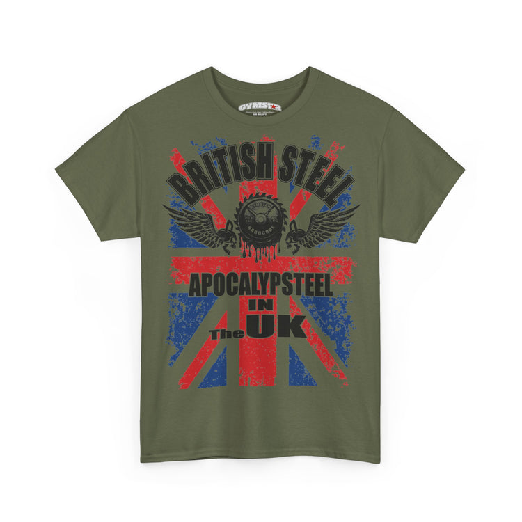 An olive green short-sleeve t-shirt with a distressed Union Jack graphic and gothic text reading 'BRITISH STEEL' and 'APOCALYPSTEEL IN THE UK'. The inner collar label shows the brand 'GYMNOST'.