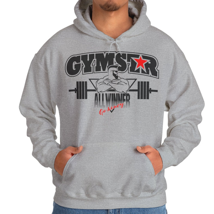 Person wearing a gray hoodie with 'Gymstar All Winner' text and design on a white background