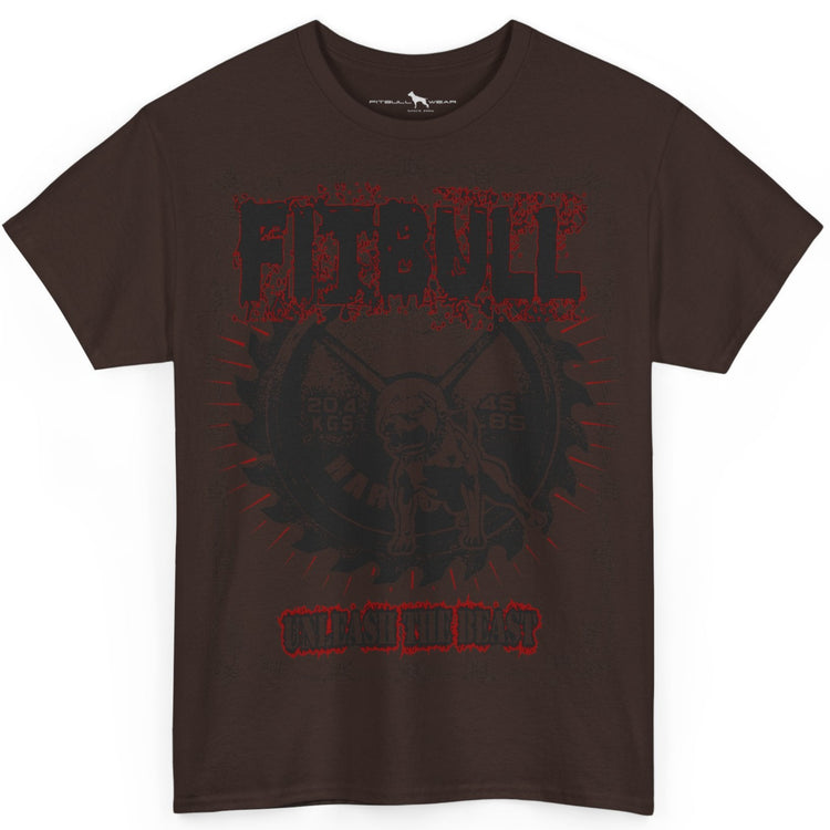 Brown t-shirt with graphic design and text on a white background