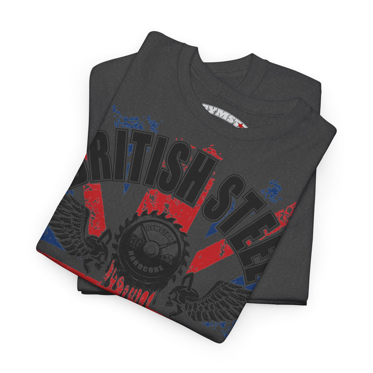 A folded dark gray t-shirt featuring a distressed graphic with the words 'BRITISH STEEL' in black, red, and blue, along with a gear and wing design, shown on a white background.