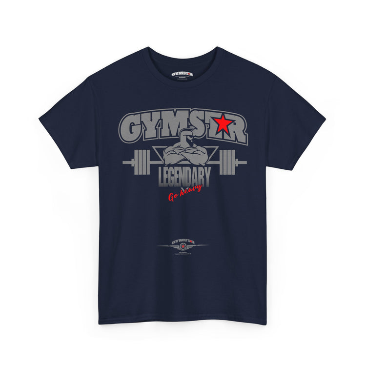Navy blue t-shirt with 'GYMSTAR LEGENDARY' graphic design on a white background