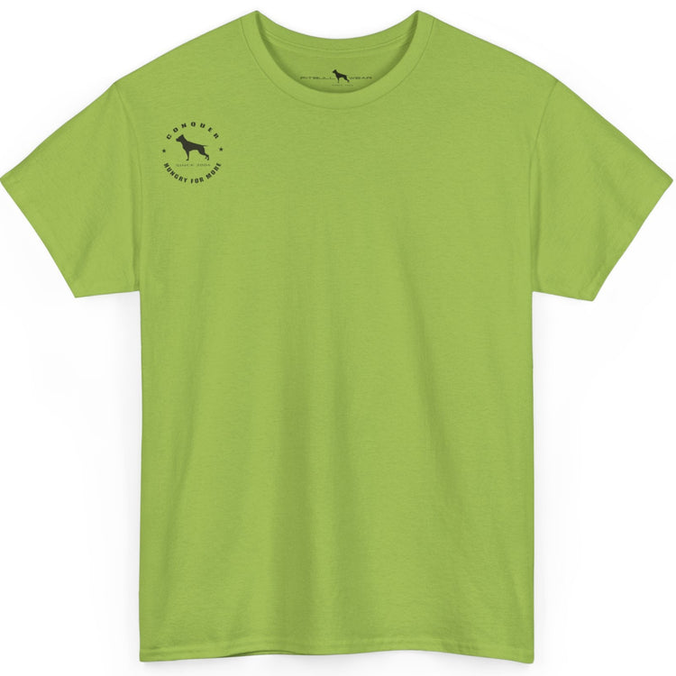 Green t-shirt with a small logo on the chest against a white background