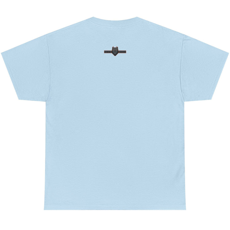 Light blue t-shirt with a small black logo on the chest against a white background