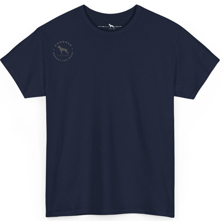 Navy blue t-shirt with a small logo on the chest against a white background