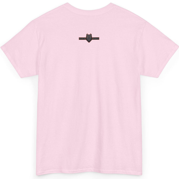 Pink t-shirt with a small black logo on the chest against a white background