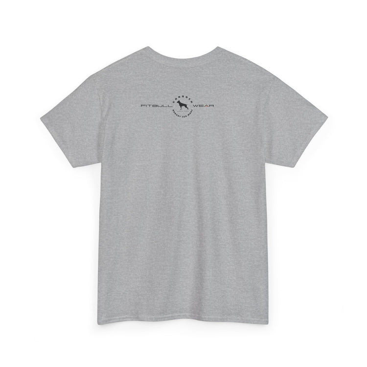 Gray FITBULL fitness t-shirt with a logo and text on the back against a white background