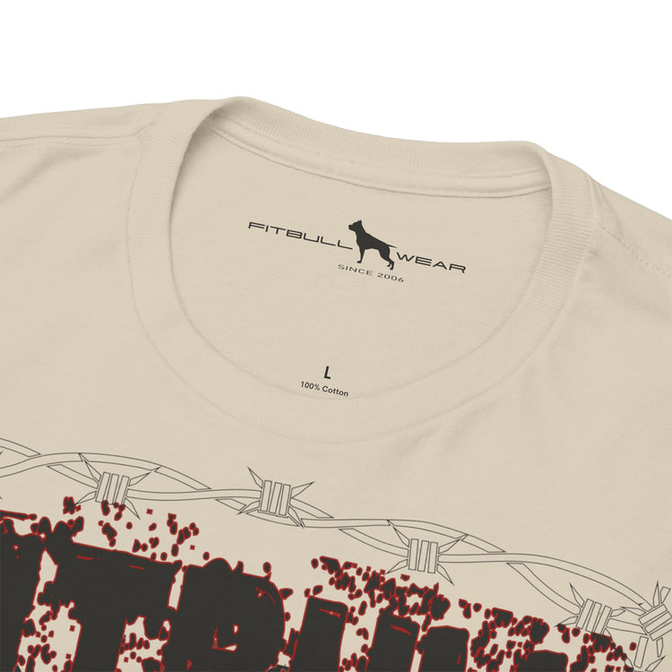 Beige fitbull t-shirt with barbed wire and 'Fitbull Wear' branding with logo on a white background
