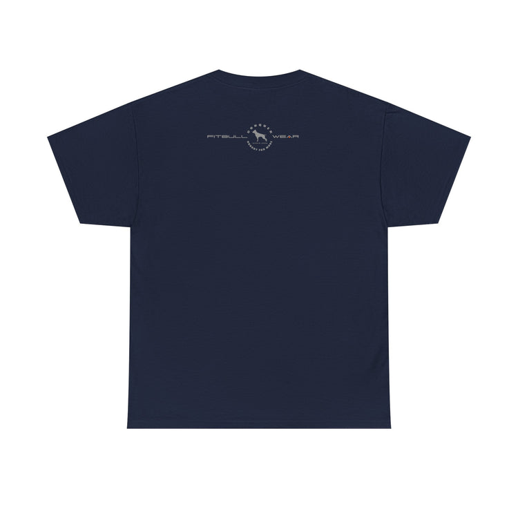 Navy fitness FITBULL blue t-shirt with a logo on the back against a white background