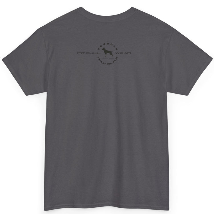 Gray t-shirt with a logo on the back against a white background