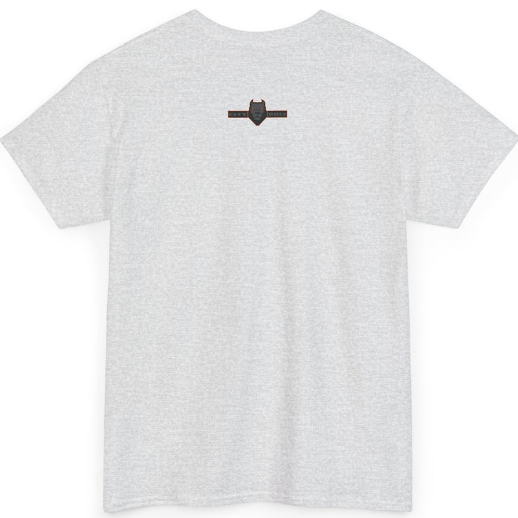 White t-shirt with a small black logo on the back against a white background