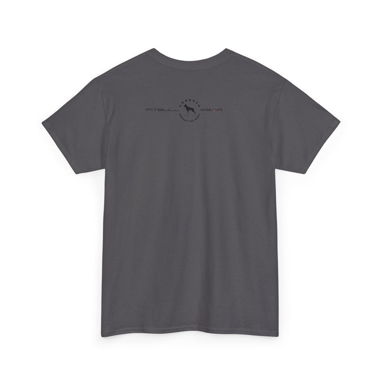 Gray fitness FITBULL t-shirt with a logo on the back against a white background