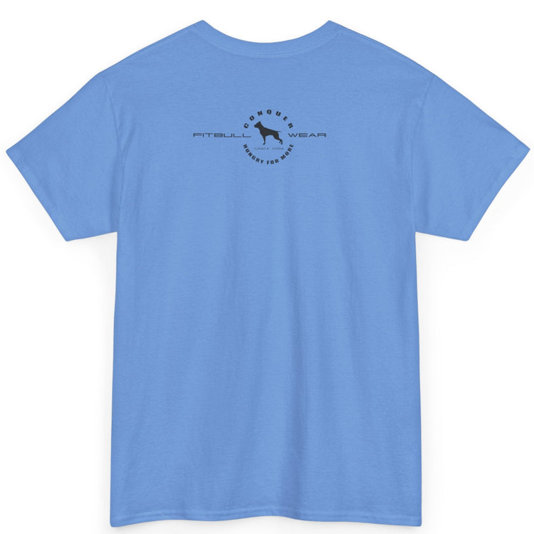 Light blue t-shirt with a logo on the back against a white background