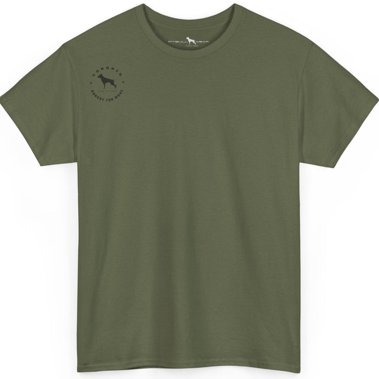 Green t-shirt with a small logo on a white background
