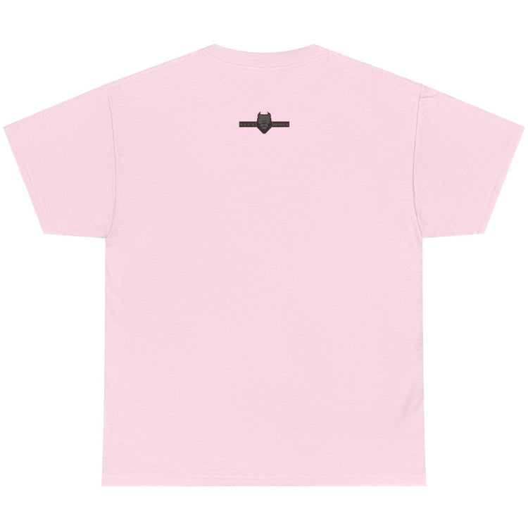 Pink t-shirt with a small black logo on the chest against a white background