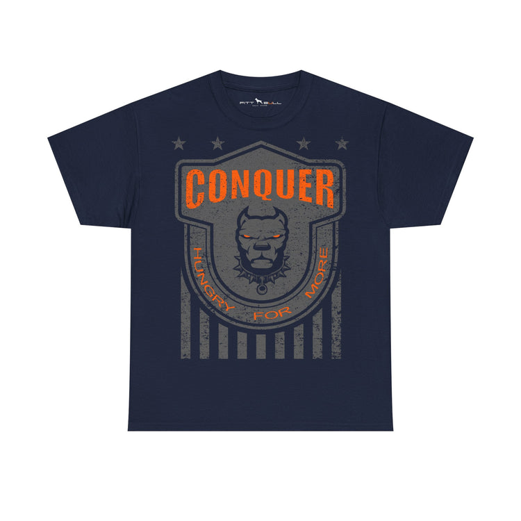 Navy blue Fitbull t-shirt with 'Conquer' graphic design on a white background