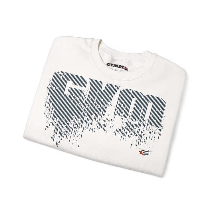 A folded white crewneck sweatshirt featuring a large distressed gray 'GYM' graphic on the front, with a small red and black logo near the lower right chest and 'GYMSTAR' printed inside the collar, shown on a plain white background.