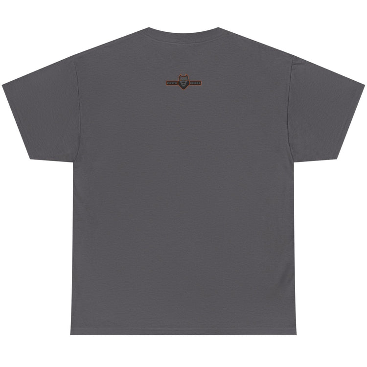 Gray t-shirt with a logo on the back against a white background