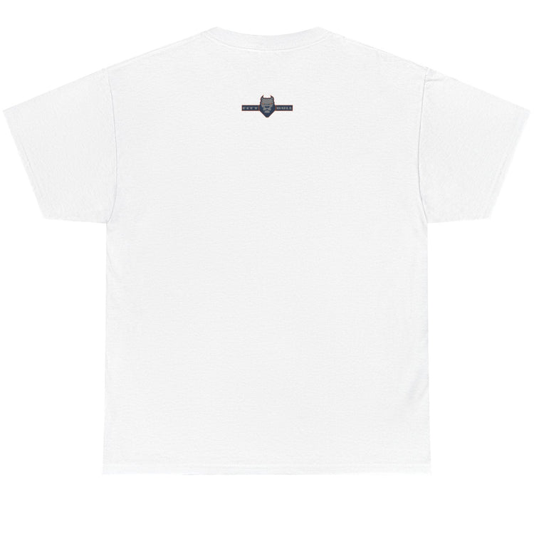 White t-shirt with a small black logo on a white background