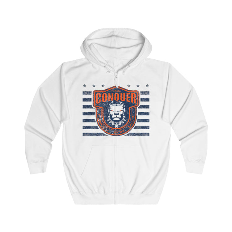 White Fitbull hoodie with 'Conquer' graphic design on a white background